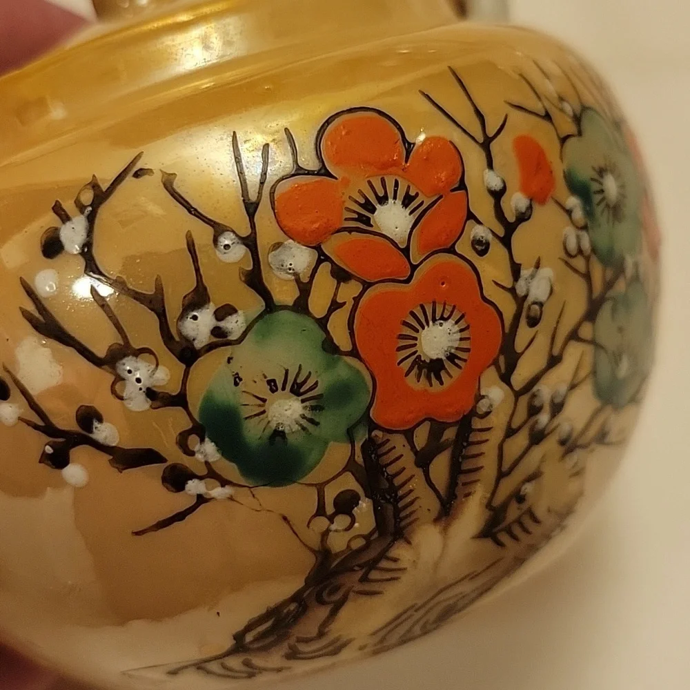 Vintage Japanese Hand Painted Floral Teapot And Pitcher.  Bamboo Handle. - Picture 8 of 10